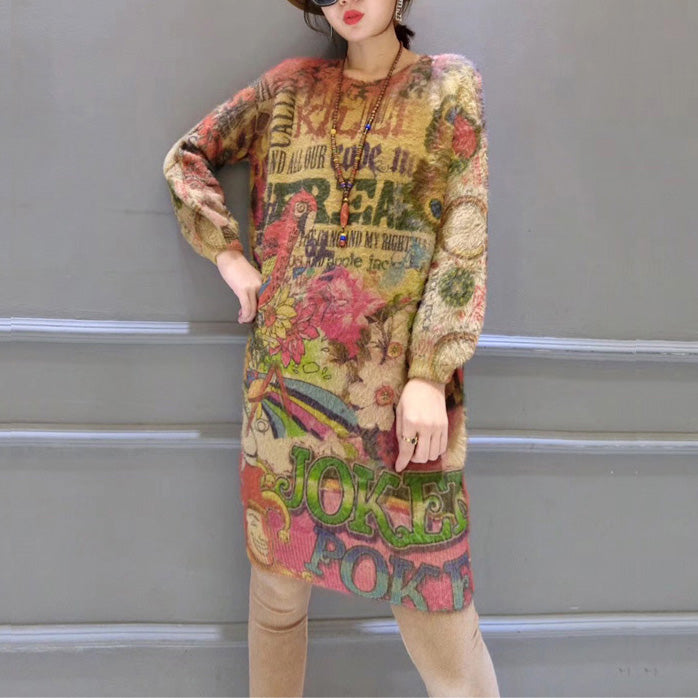 Women prints casual cotton wild sweater dresses plus size  fit elastic knit dress