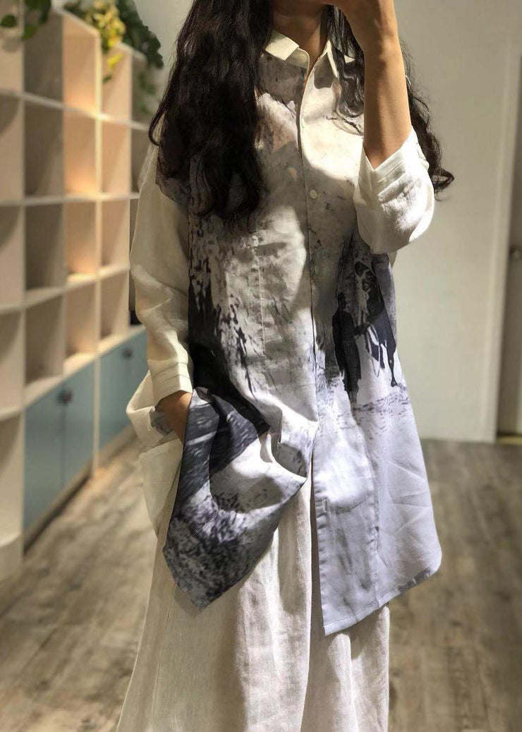 Women prints linen Robes lapel collar short fall shirt Dresses - bagstylebliss