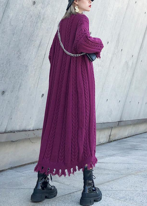 Women purple Sweater dresses Refashion cable Largo tassel sweater dress - bagstylebliss