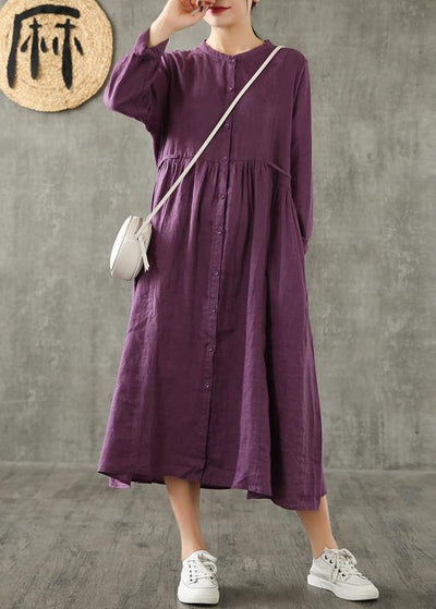 Women purple linen Wardrobes Cinched pockets cotton spring Dress - bagstylebliss