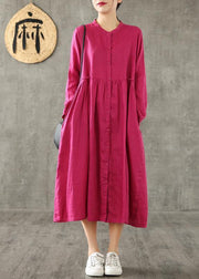 Women purple linen Wardrobes Cinched pockets cotton spring Dress - bagstylebliss