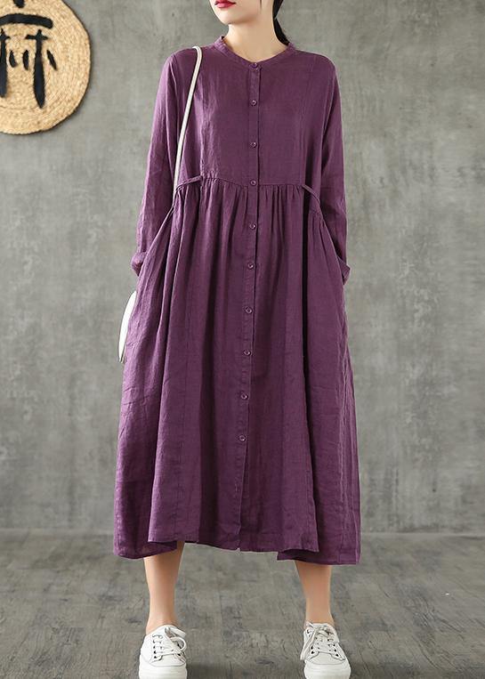 Women purple linen Wardrobes Cinched pockets cotton spring Dress - bagstylebliss