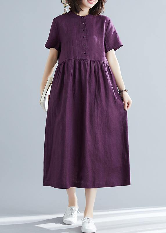 Women purple linen cotton clothes For Women plus size Fashion Ideas o neck large hem Maxi Summer Dresses - bagstylebliss