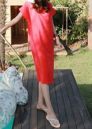 Women red Cotton 0o neck side open Midi summer Dress - bagstylebliss