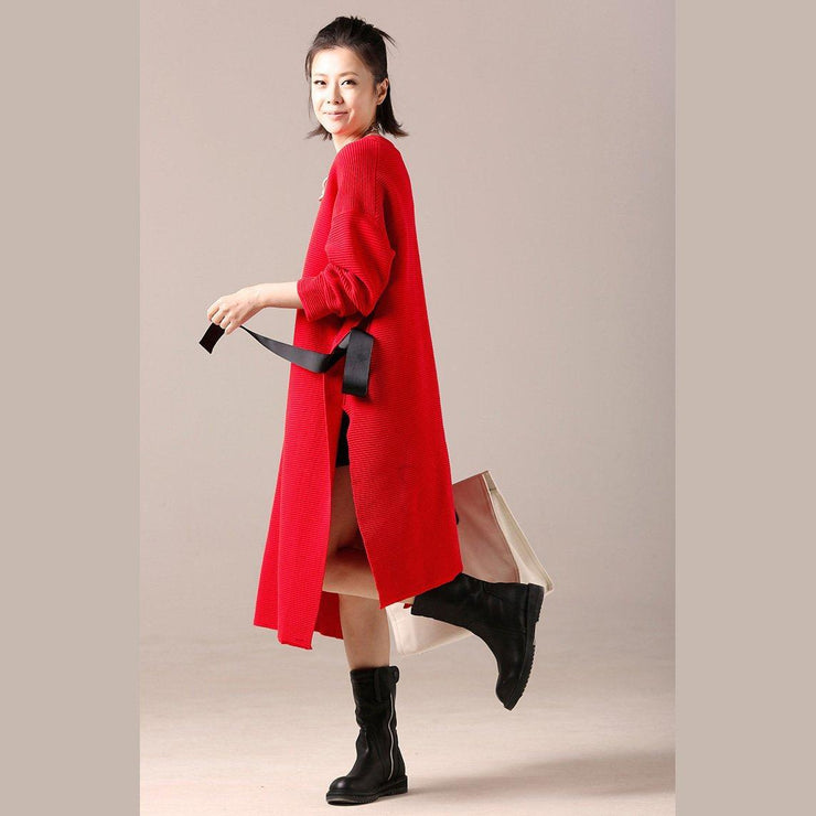 Women red Sweater dresses Tejidos Largo side open knit top