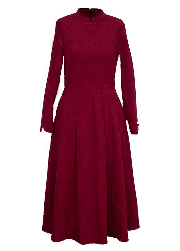 Women red clothes stand collar exra large hem Plus Size Clothing spring Dresses - bagstylebliss