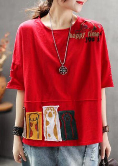 Women red cotton clothes For Women Korea Summer Loose Retro Ripped Hole Embroidery T-Shirt - bagstylebliss