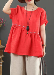 Women red cotton linen tops Cotton o neck Cinched tops - bagstylebliss