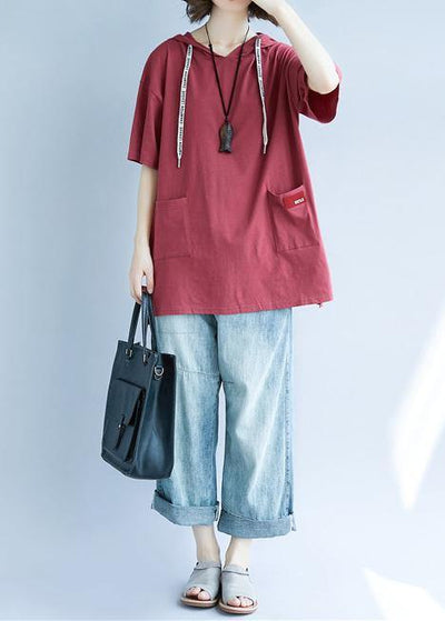 Women red cotton tunic top hooded pockets Dresses summer top - bagstylebliss