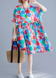 Women red dotted Cotton quilting clothes o neck Cinched Knee summer Dress - bagstylebliss