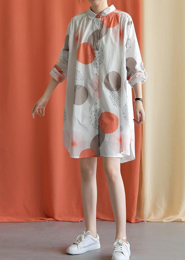 Women red dotted Cotton tunic pattern lapel asymmetric baggy fall Dresses - bagstylebliss