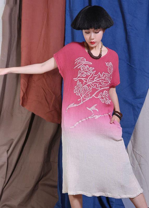 Women red embroidery linen quilting clothes Gradient color Traveling Dresses - bagstylebliss