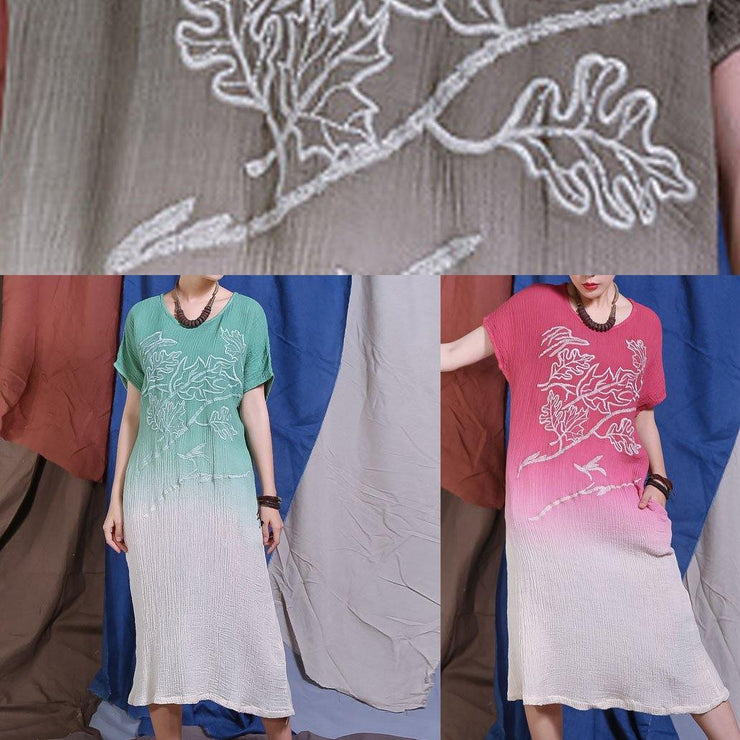 Women red embroidery linen quilting clothes Gradient color Traveling Dresses - bagstylebliss