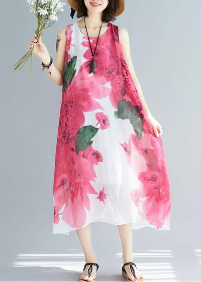 Women red floral cotton Tunic sleeveless Maxi summer Dresses - bagstylebliss