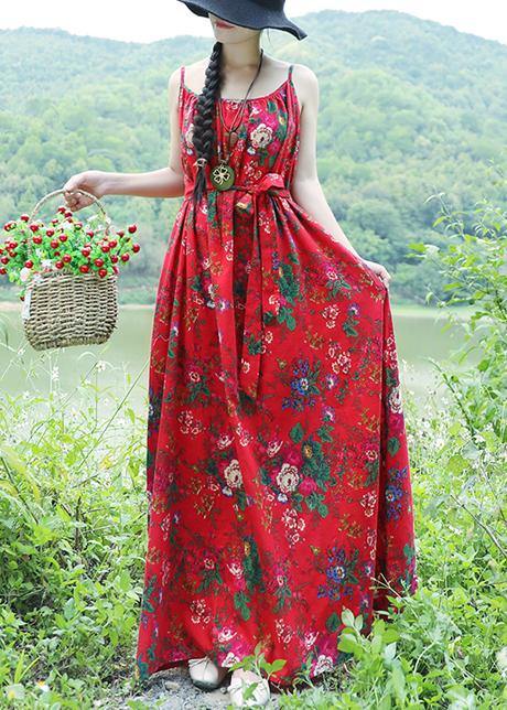 Women red floral cotton linen Tunics Organic Tutorials sleeveless daily summer Dress - bagstylebliss