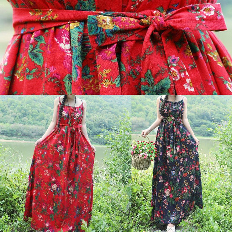 Women red floral cotton linen Tunics Organic Tutorials sleeveless daily summer Dress - bagstylebliss