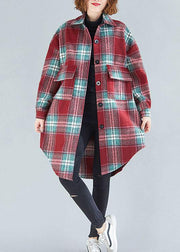 Women red green plaid cotton tops women lapel Button tunic blouse - bagstylebliss