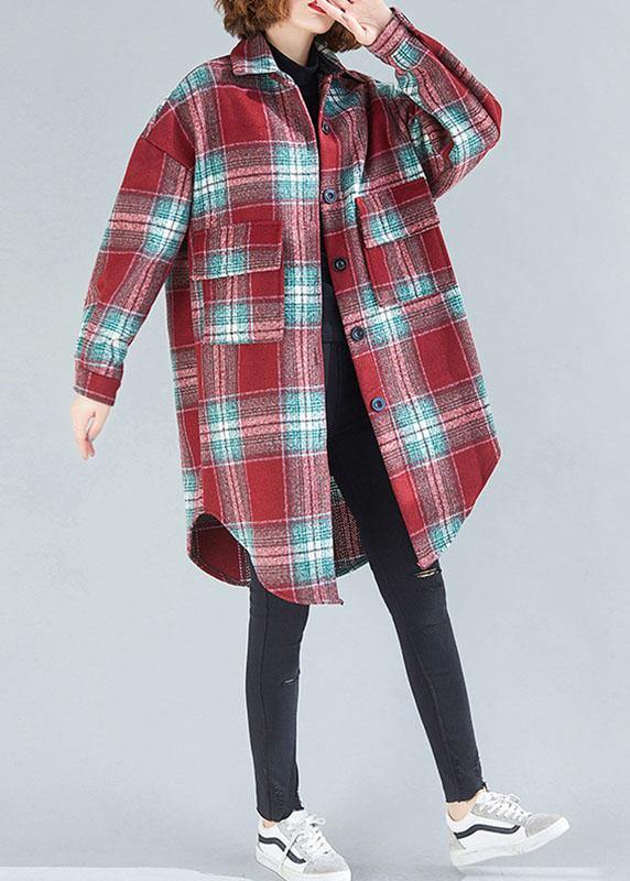 Women red green plaid cotton tops women lapel Button tunic blouse - bagstylebliss