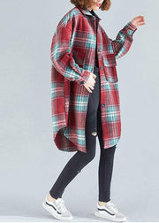 Women red green plaid cotton tops women lapel Button tunic blouse - bagstylebliss