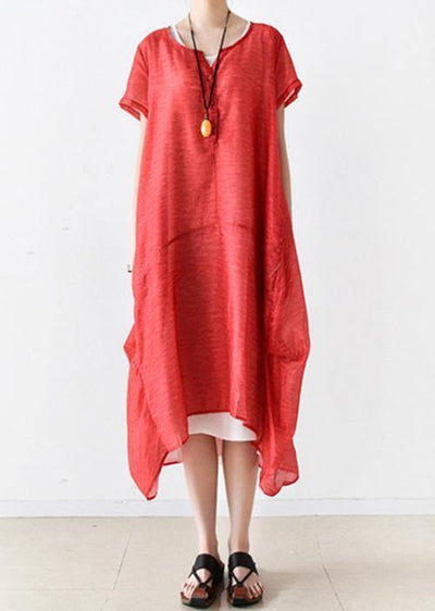 Women red linen Robes o neck patchwork Maxi summer Dresses - bagstylebliss
