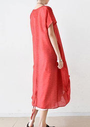 Women red linen Robes o neck patchwork Maxi summer Dresses - bagstylebliss