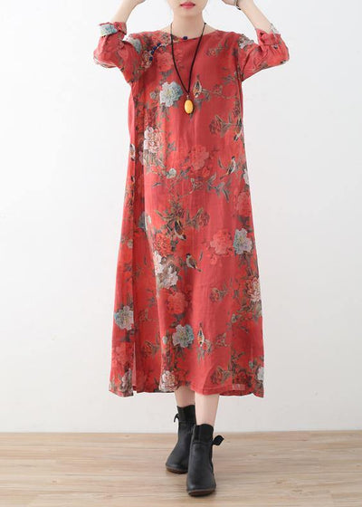 Women red linen outfit Fine Runway side open Maxi prints Dress - bagstylebliss