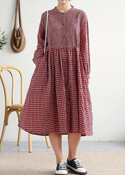 Women red plaid cotton linen clothes o neck patchwork cotton Dresses - bagstylebliss