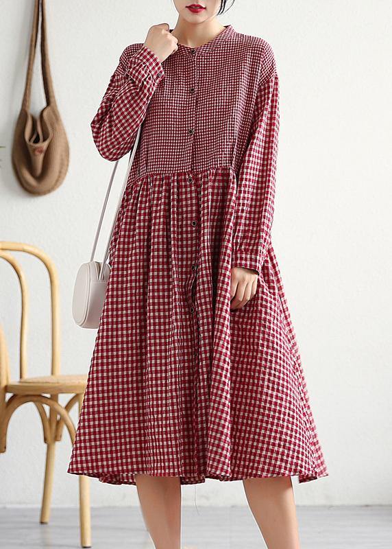 Women red plaid cotton linen clothes o neck patchwork cotton Dresses - bagstylebliss