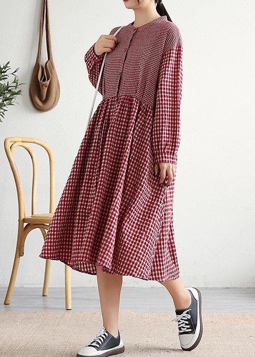 Women red plaid cotton linen clothes o neck patchwork cotton Dresses - bagstylebliss