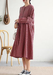 Women red plaid cotton linen clothes o neck patchwork cotton Dresses - bagstylebliss