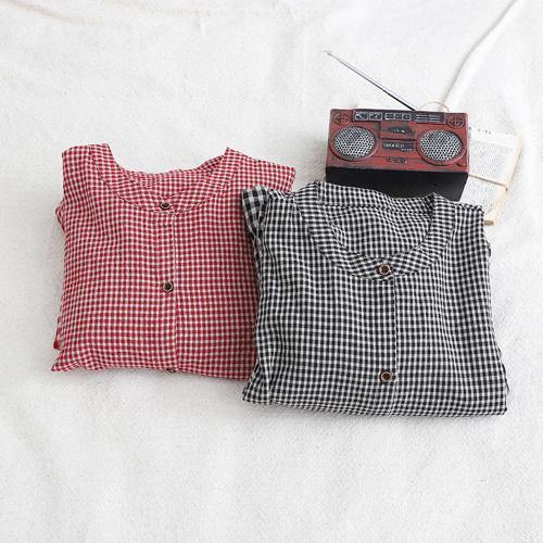 Women red plaid cotton linen clothes o neck patchwork cotton Dresses - bagstylebliss