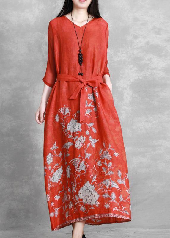 Women red print Robes v neck tie waist Maxi Dresses - bagstylebliss