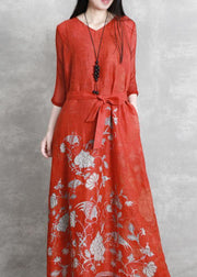 Women red print Robes v neck tie waist Maxi Dresses - bagstylebliss