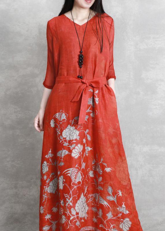 Women red print Robes v neck tie waist Maxi Dresses - bagstylebliss