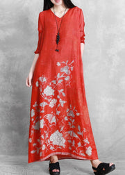 Women red print Robes v neck tie waist Maxi Dresses - bagstylebliss