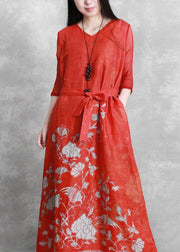 Women red print Robes v neck tie waist Maxi Dresses - bagstylebliss