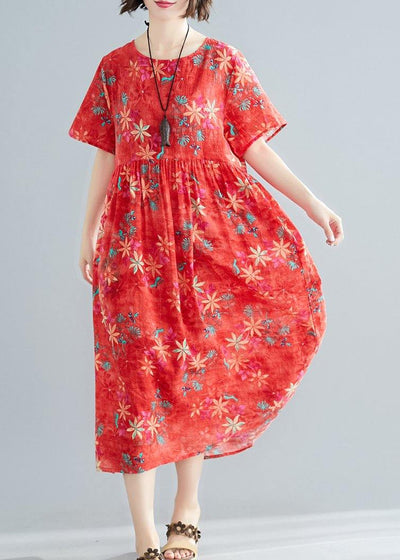 Women red print cotton clothes o neck patchwork Cinched Traveling summer Dress - bagstylebliss
