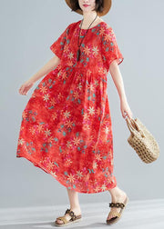 Women red print cotton clothes o neck patchwork Cinched Traveling summer Dress - bagstylebliss