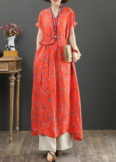 Women red print cotton quilting clothes v neck tie waist Kaftan Dress - bagstylebliss