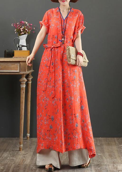 Women red print cotton quilting clothes v neck tie waist Kaftan Dress - bagstylebliss