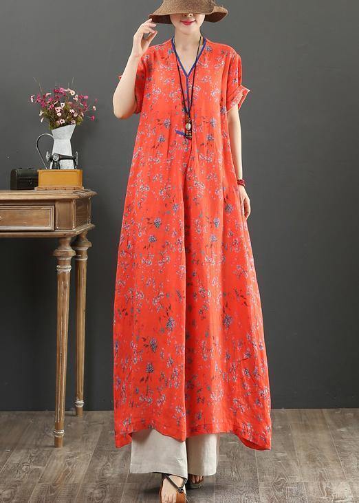 Women red print cotton quilting clothes v neck tie waist Kaftan Dress - bagstylebliss