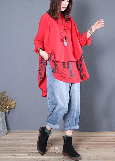 Women red print cotton tunics stand collar patchwork cotton fall blouse - bagstylebliss