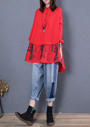 Women red print cotton tunics stand collar patchwork cotton fall blouse - bagstylebliss