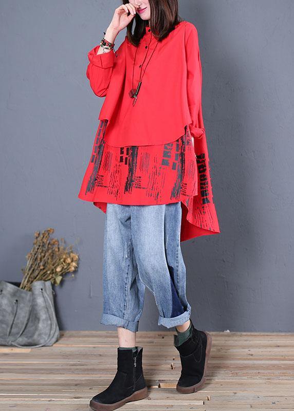 Women red print cotton tunics stand collar patchwork cotton fall blouse - bagstylebliss