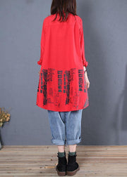 Women red print cotton tunics stand collar patchwork cotton fall blouse - bagstylebliss