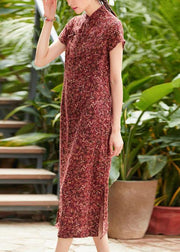 Women red print linen cotton clothes stand collar side open Dresses summer Dresses - bagstylebliss