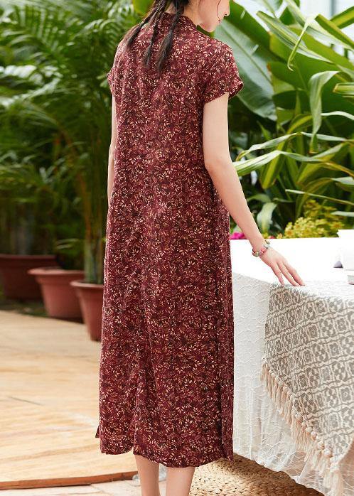 Women red print linen cotton clothes stand collar side open Dresses summer Dresses - bagstylebliss