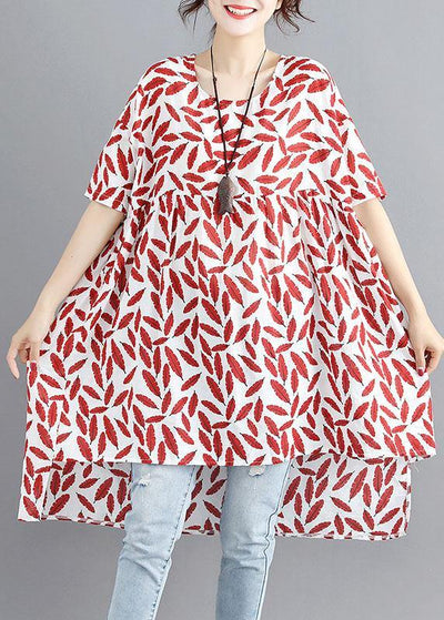 Women red print linen cotton o neck asymmetric summer Dress - bagstylebliss