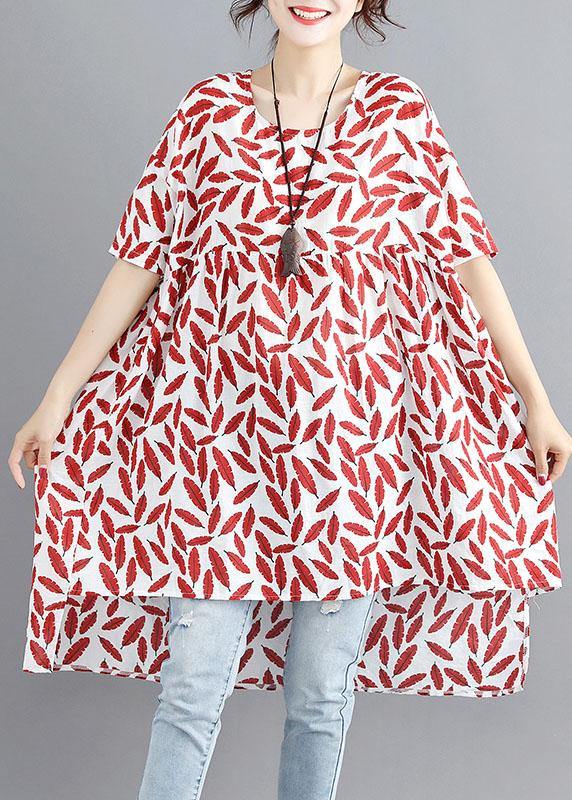 Women red print linen cotton o neck asymmetric summer Dress - bagstylebliss