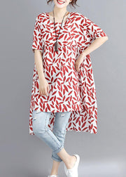 Women red print linen cotton o neck asymmetric summer Dress - bagstylebliss